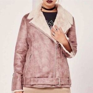 Dusty pink aviator jacket with faux fur